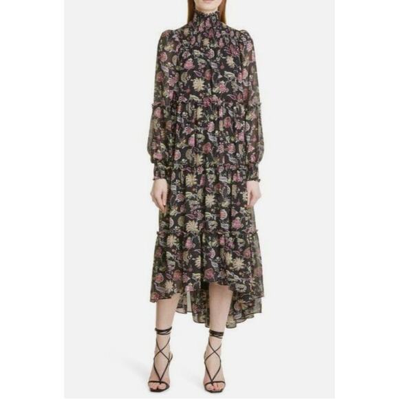 Cinq a Sept Paisley Long Sleeve Dress Black High Low Hem Mock Neck 00 - Picture 1 of 5